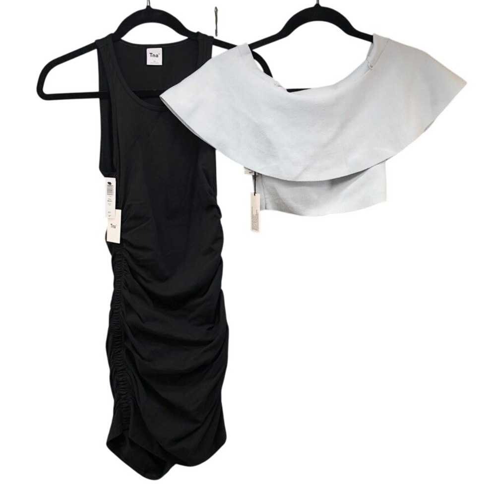 Tna Babaton‎ Aritzia Dress Top Bundle Womens XS Black Blue Ruched Off Shoulder